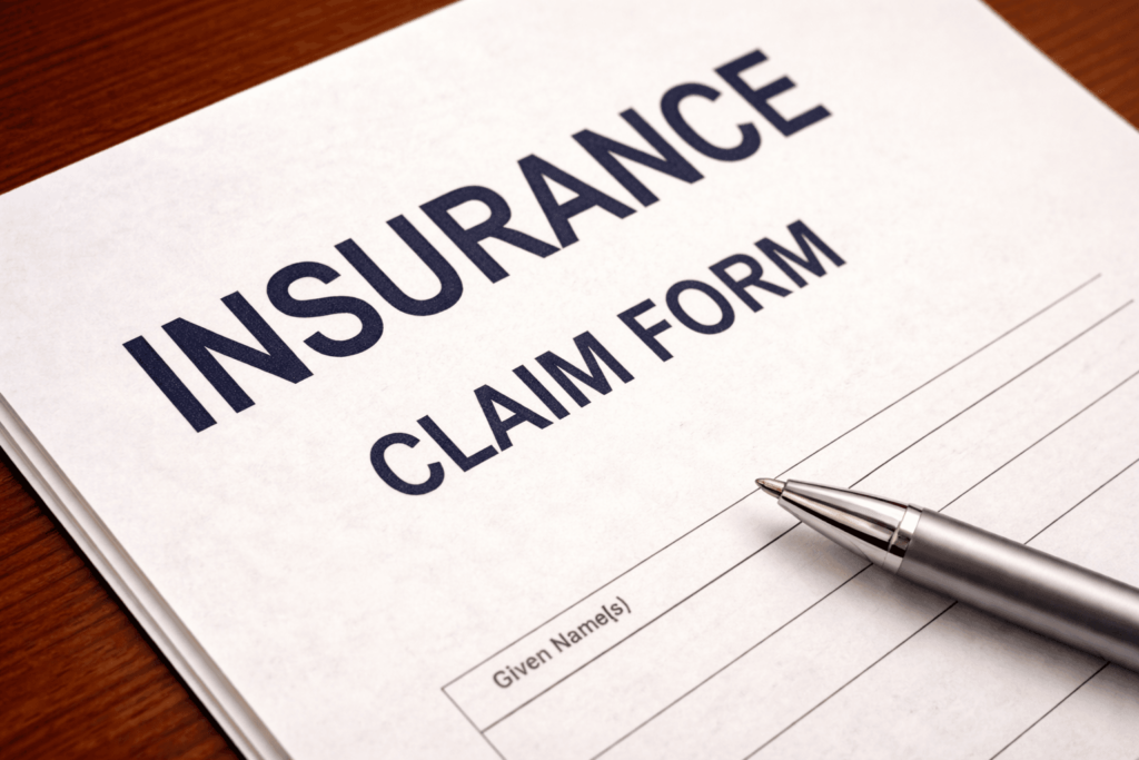 Travel insurance and travel security service concept : Top view of travel insurance application form, business class boarding passes, map, monocular, tag, compass, white model air plane on wood floor.
