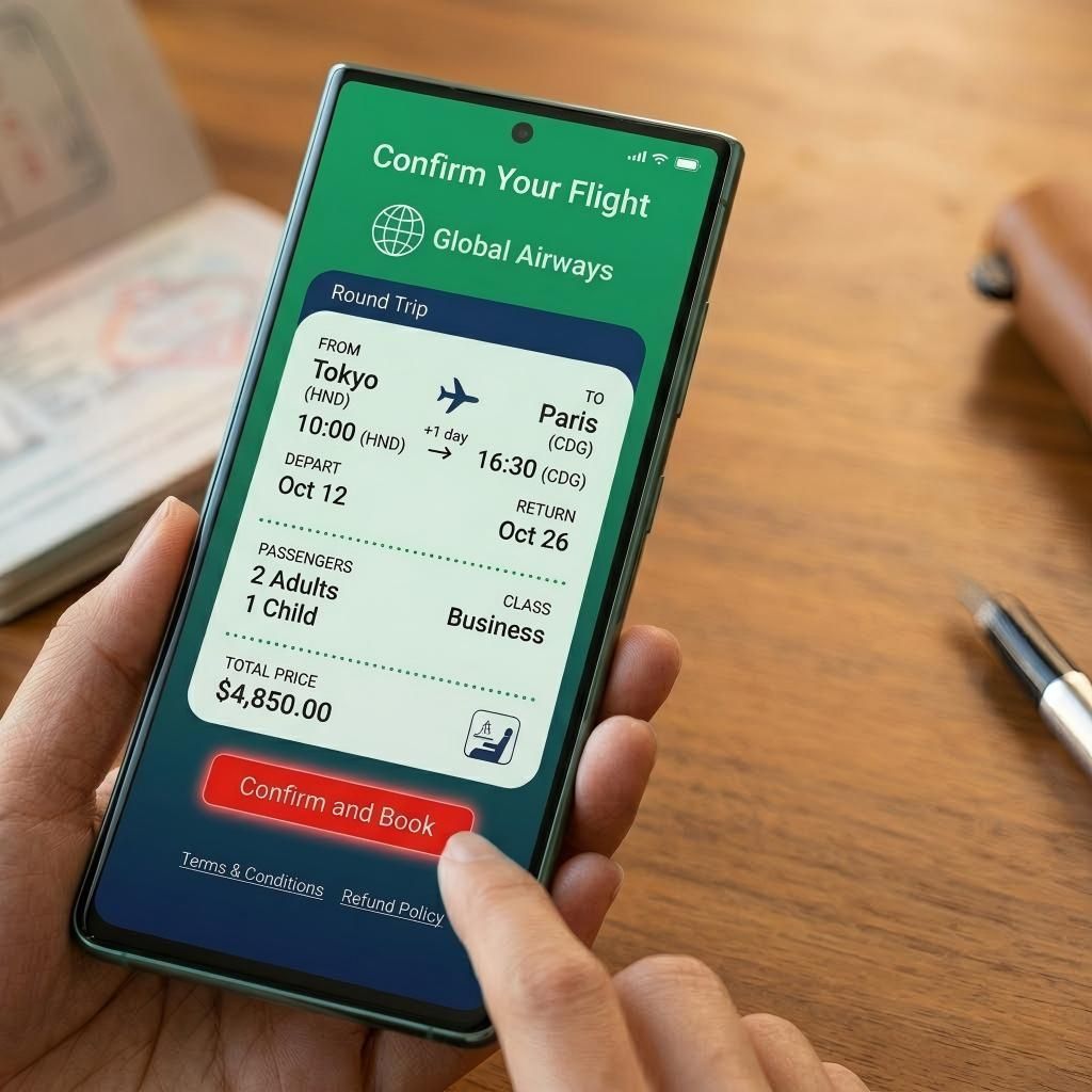 Man holding a smart phone to book a flight ticket. Online ticket booking concept.