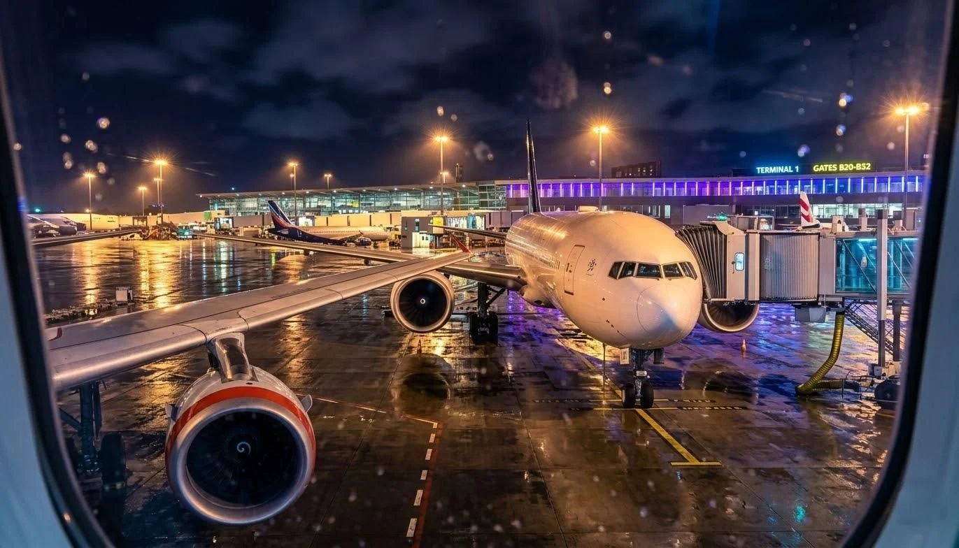 "Rainy view from Window of Airplane Before Take Off