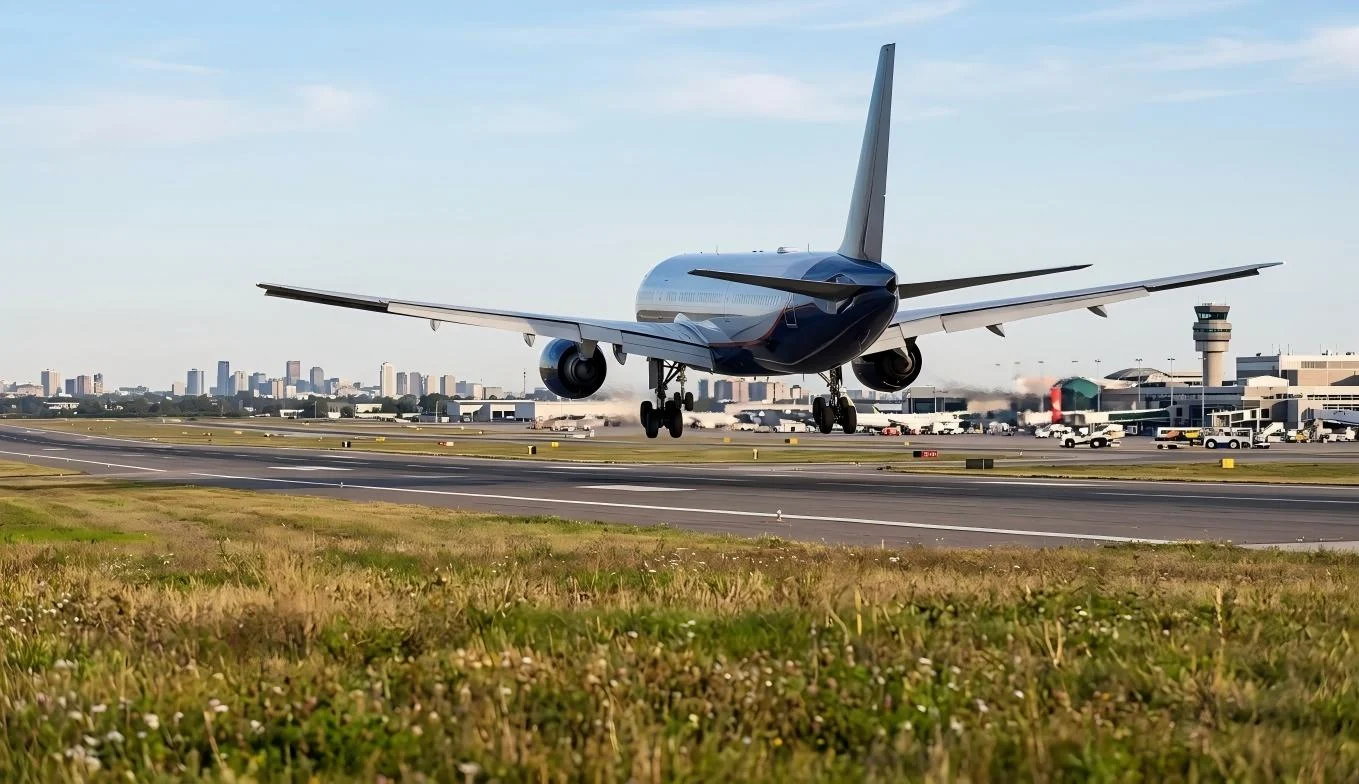 Airplane landing on runway in Pearson International airport at dusk, Toronto,Canada