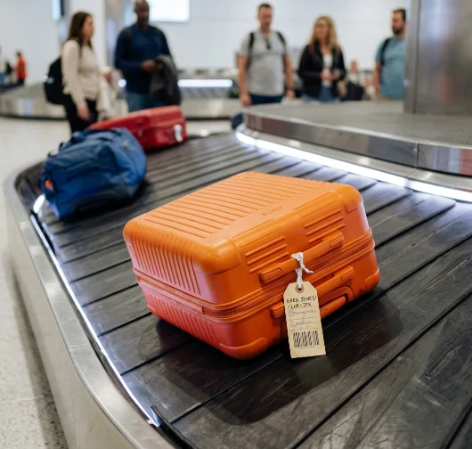 Close up of luggages moving on airport conveyor belt at airport. Green series.