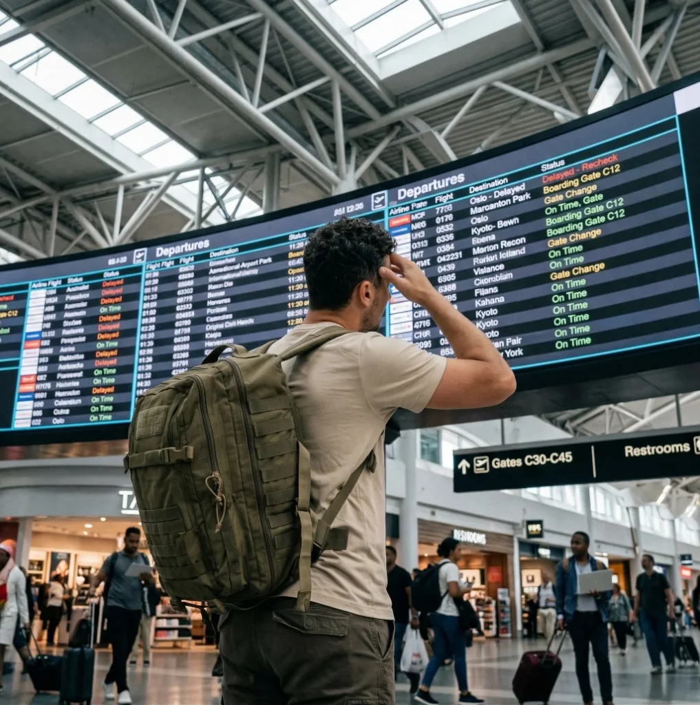 Man with backpack in airport near flight timetable