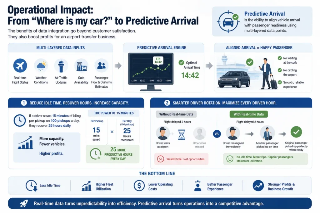 Data flow chart demonstrating the operational impact of predictive arrival and dispatch automation for airport pickups fleet services to reduce vehicle idle time.